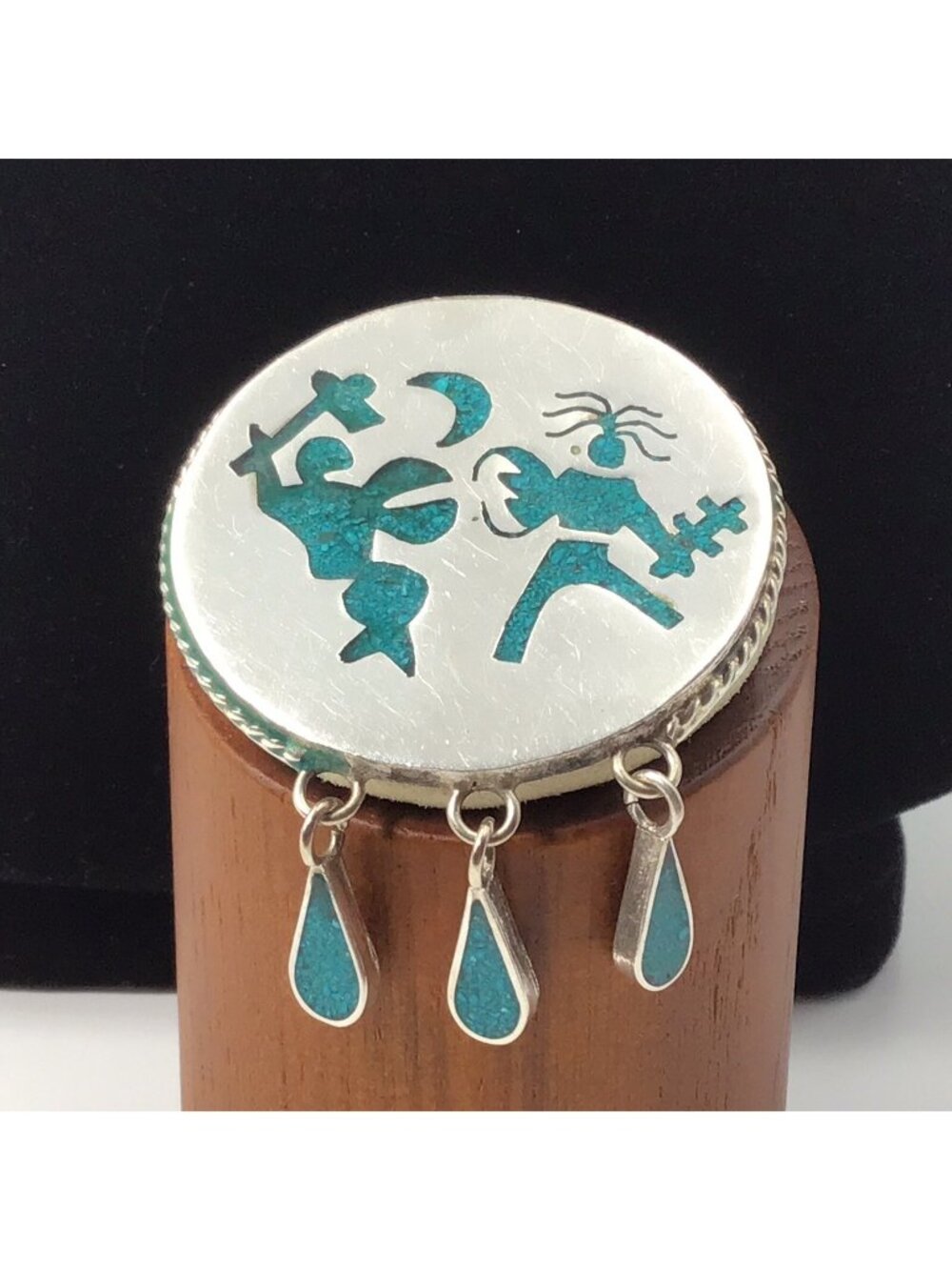 Turquoise Brooch Sterling Silver Character Fighters Inlay Dangles Taxco 16.8g 2"